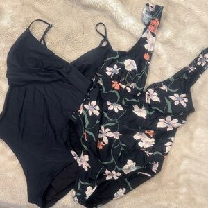 Black Floral One-Piece Swimsuit & Solid Black One-Piece Set